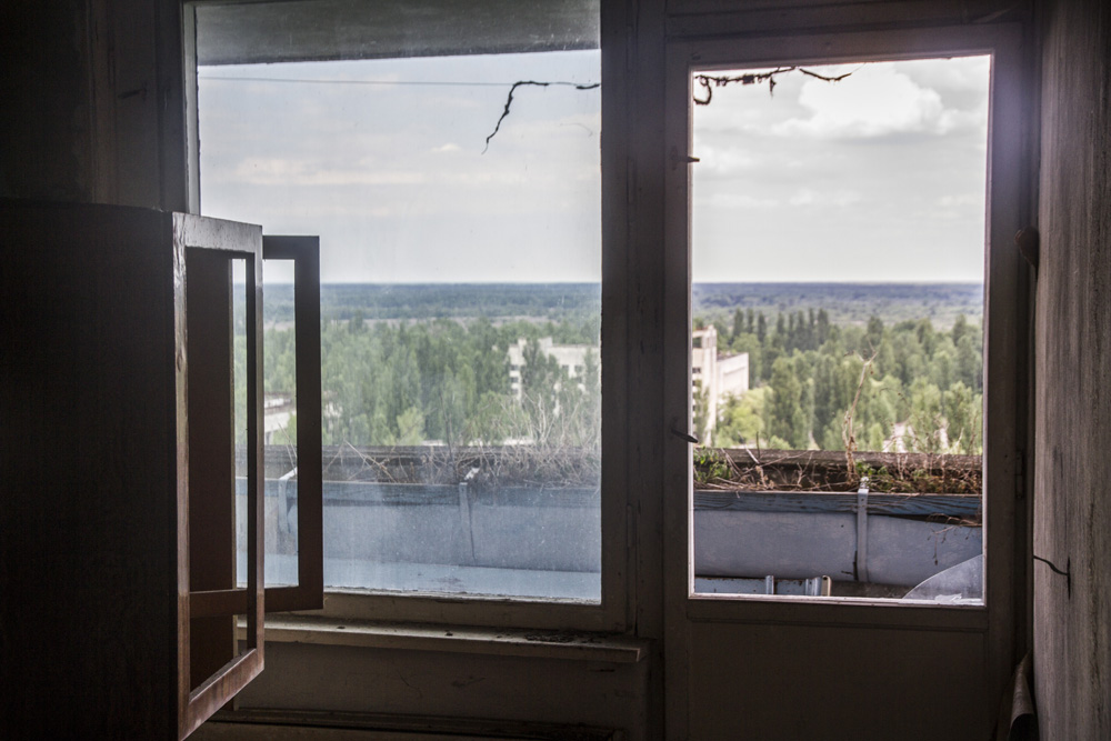 view from an abandoned apartment builing in Pripyat, Chernobyl