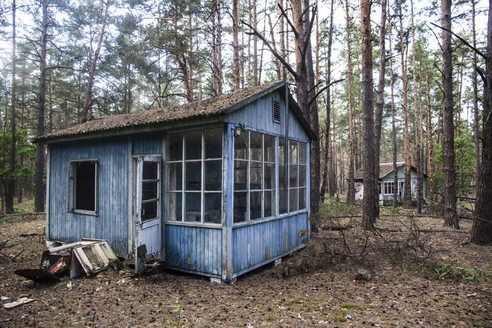 blue wooden cabin in the Chernobyl summmer camp area