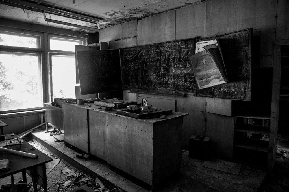 classroom in an abandoned school building