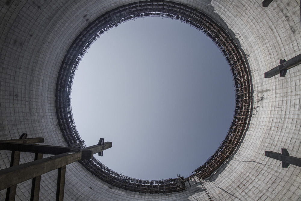 looking up through an abandoned cooling tower in Chernobyl