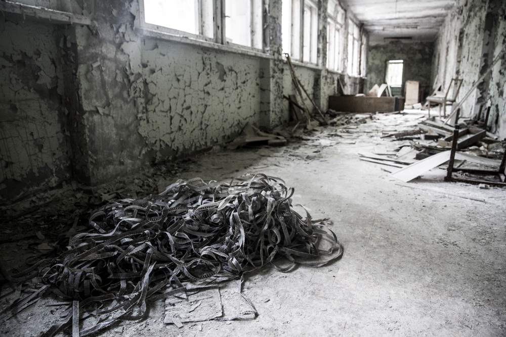 discard rolls of film in abandoned building in Chernobyl