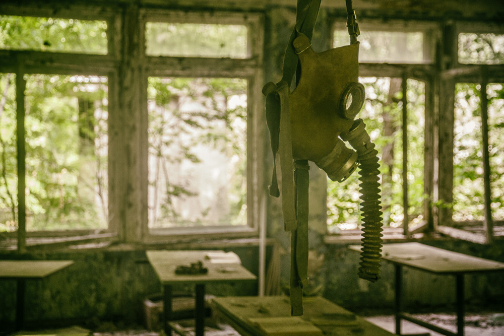 hanging gas mask in abandoned building in Pripyat, Chernobyl