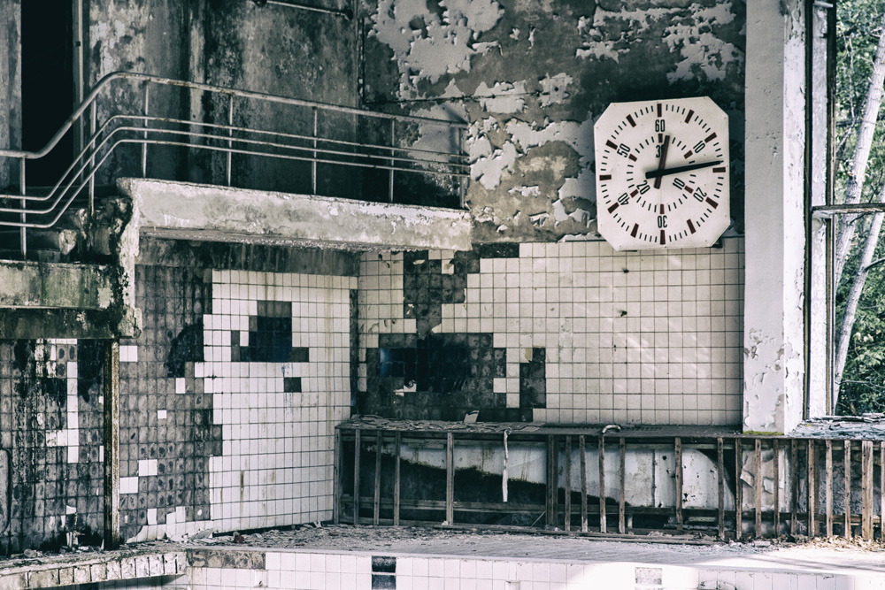 abandoned pool area in Chernobyl